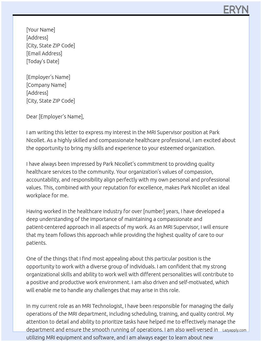 MRI Supervisor At Park Nicollet Cover Letter