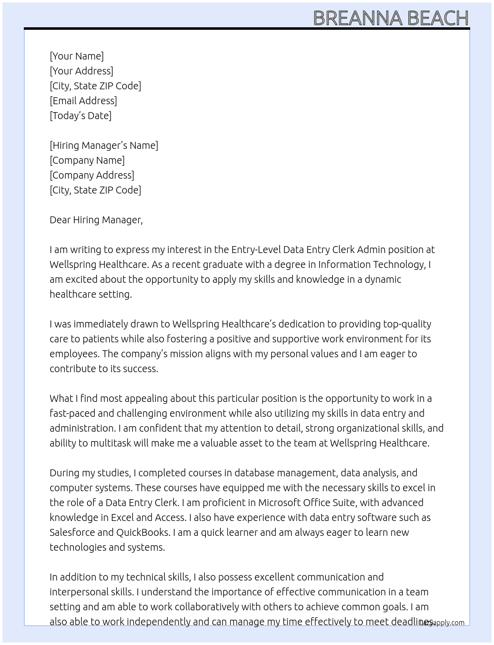 Entry-Level Data Entry Clerk Admin At Wellspring Healthcare Cover Letter