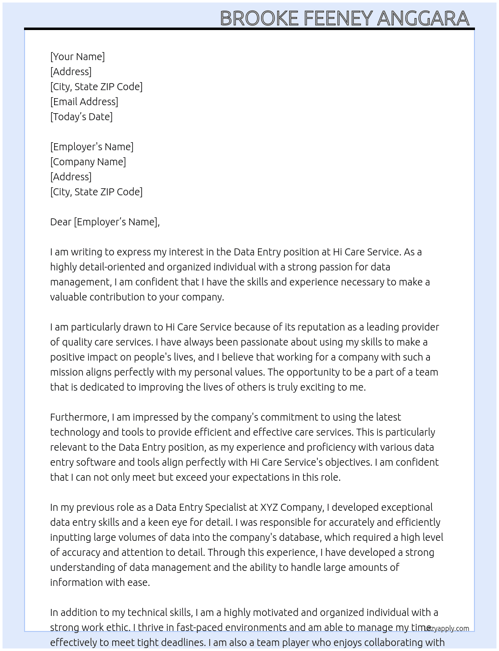 Data entry  At Hi Care Service  Cover Letter
