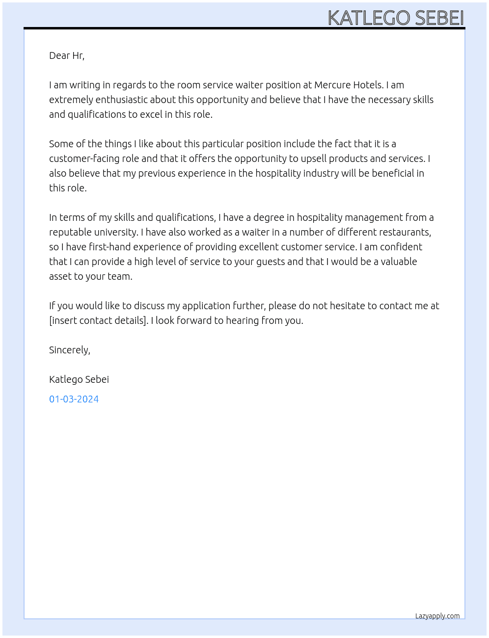 Room service waiter At Mercure Hotels Cover Letter