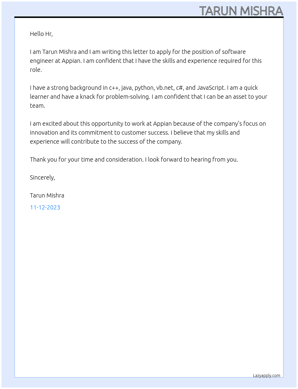 software engineer  At Appian Cover Letter