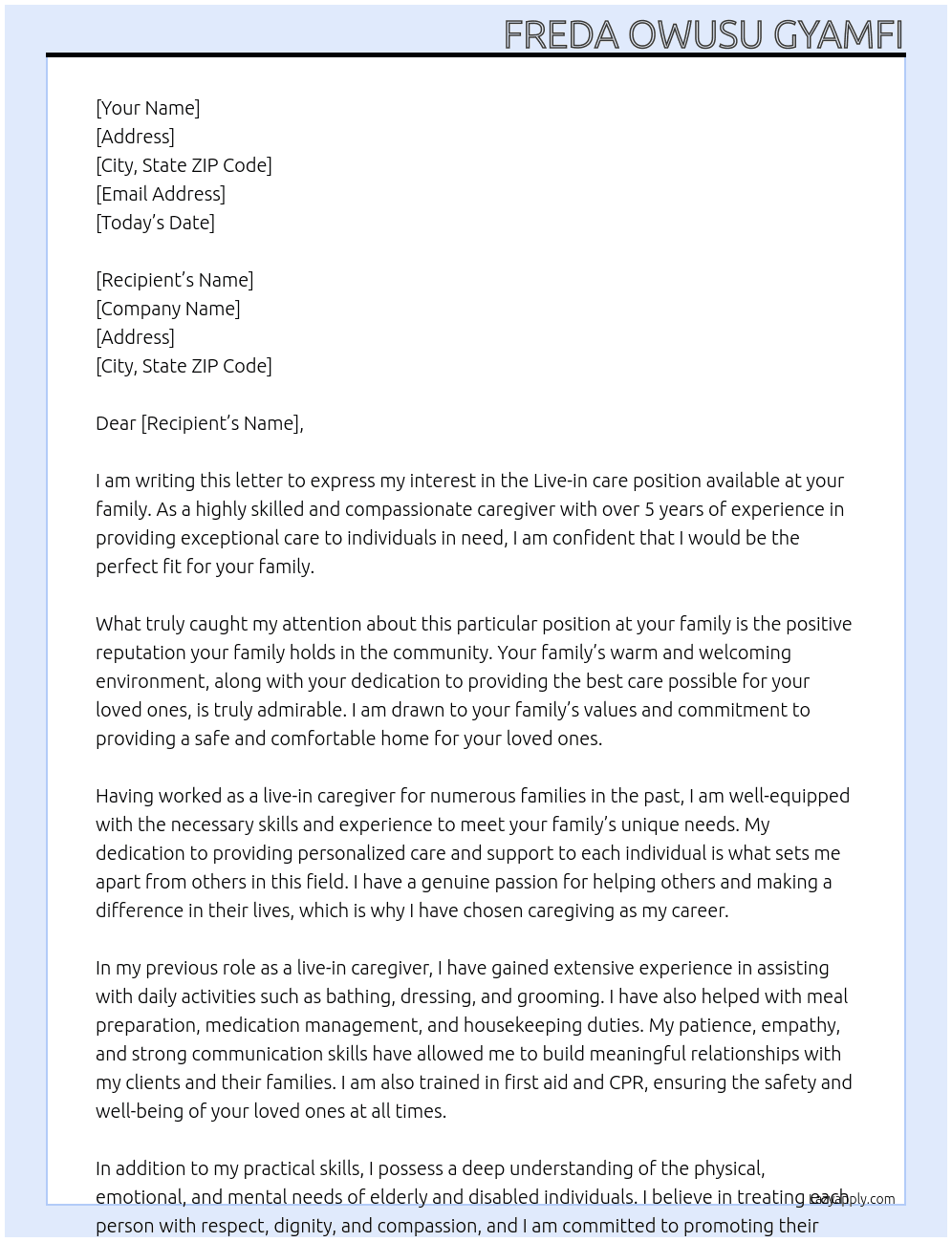 Live-in care At Family Cover Letter