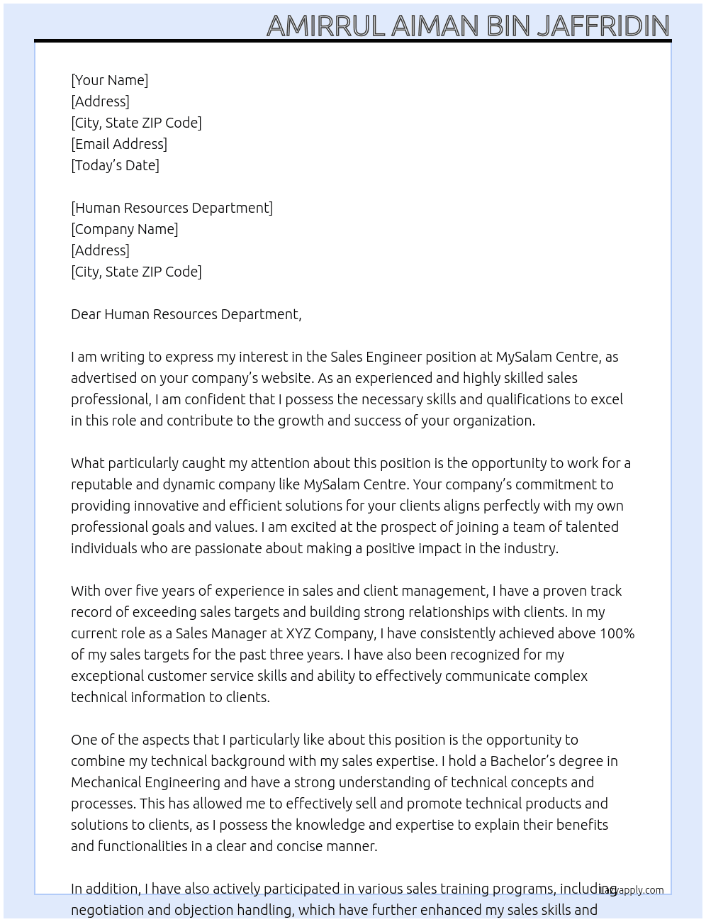 Sales Engineer At MySalam Centre Cover Letter
