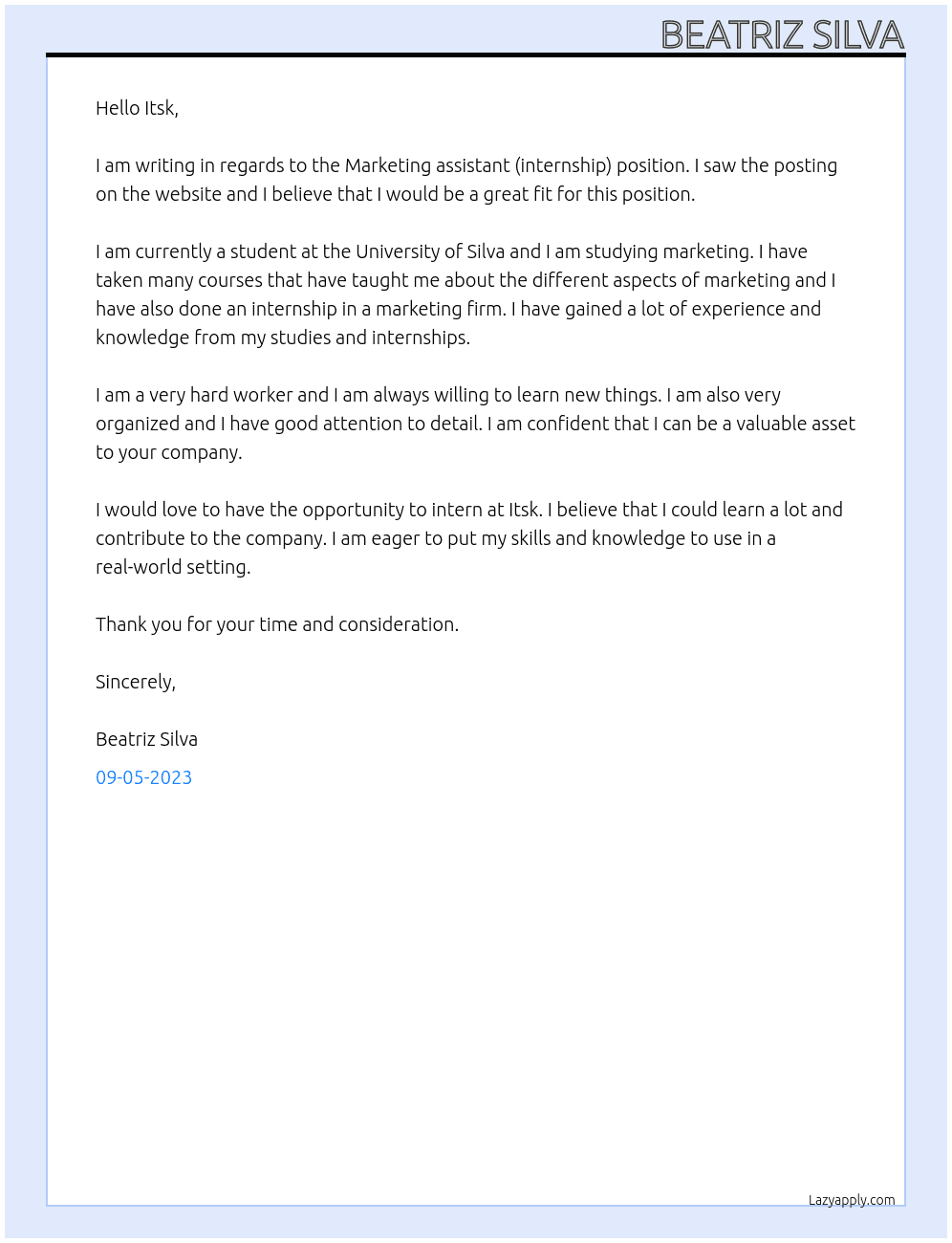 Marketing assistant (internship) At Itsk Cover Letter