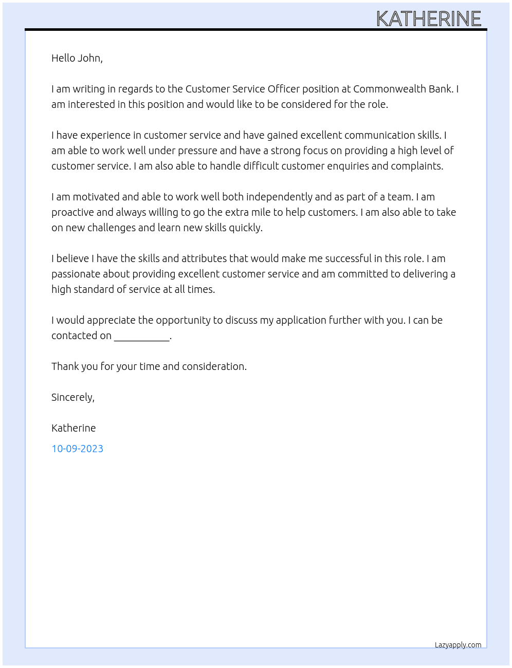 Customer service officer At commonwealth bank Cover Letter