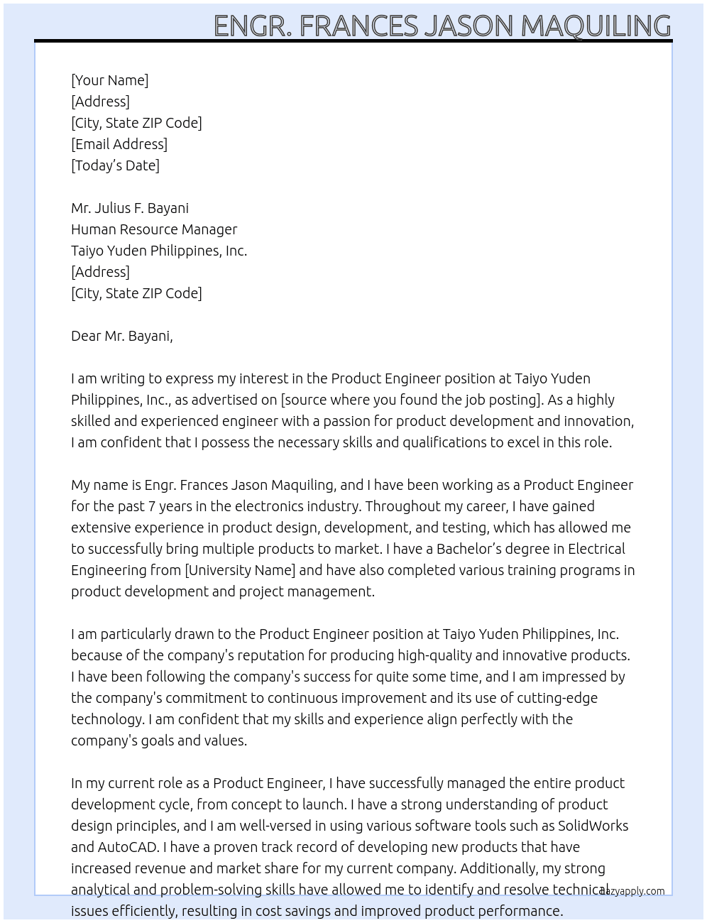 Product Enginner At Taiyo Yuden Philippines, Inc. Cover Letter