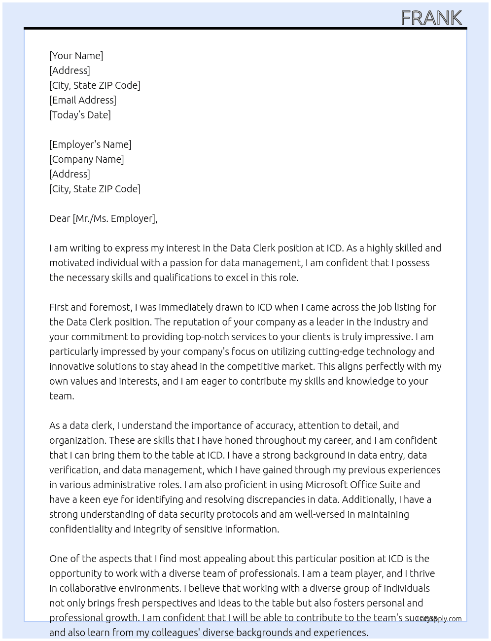 Data Clerk At ICD Cover Letter