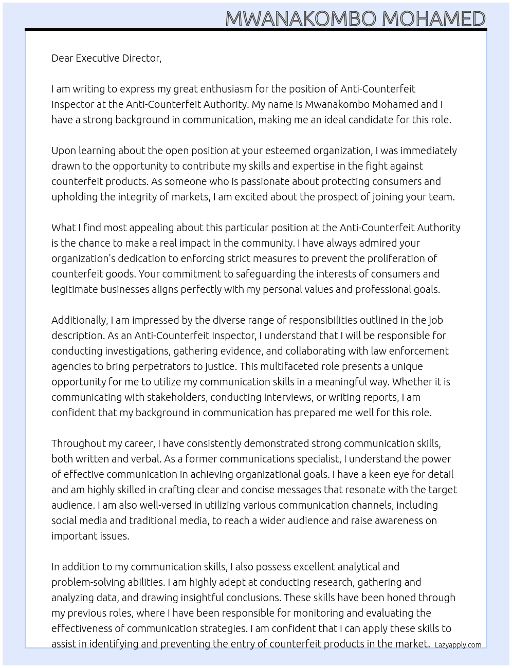 anti counterfeit inspector with a background in communication At anti counterfeight authority Cover Letter