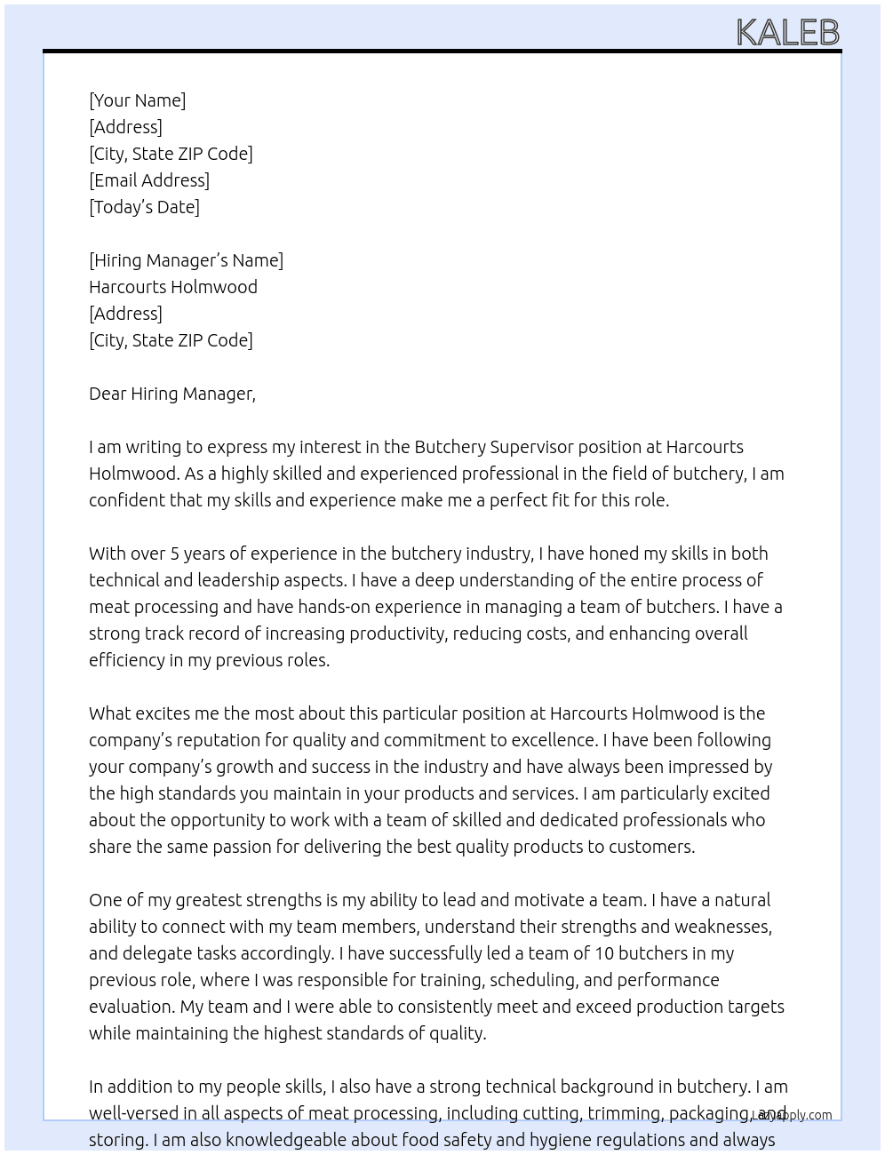 Butchery Supervisor At Harcourts Holmwood  Cover Letter