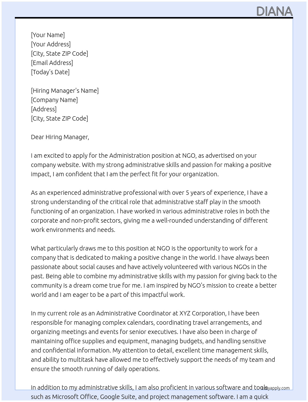 administration  At NGO Cover Letter