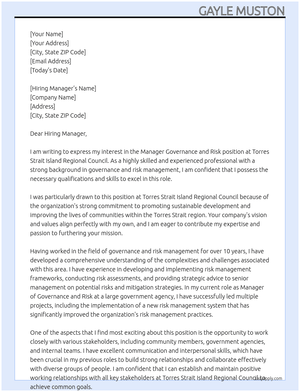 Manager Governance and Risk At Torres Strait Island Regional Council Cover Letter