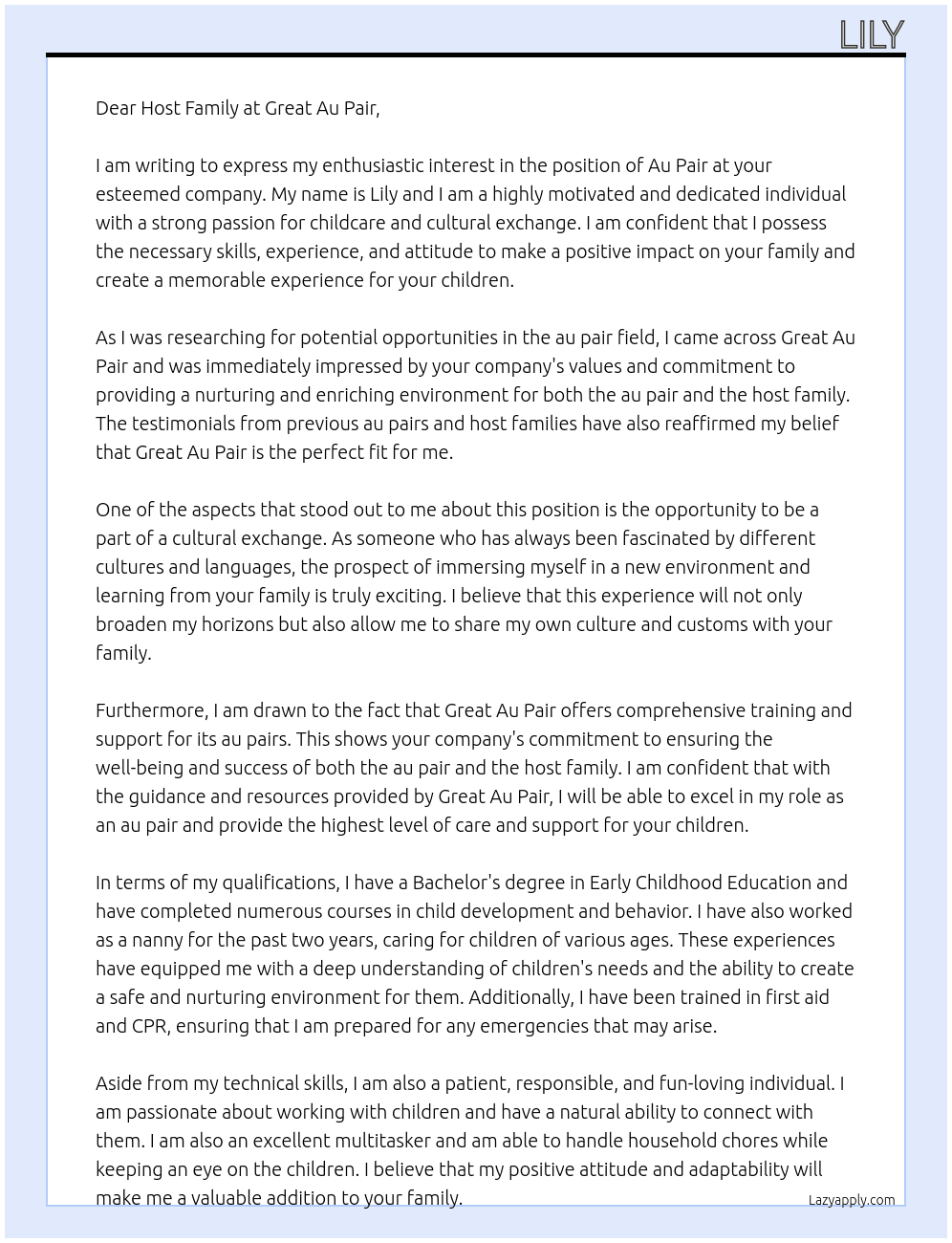 Au Pair At Great Au Pair Cover Letter