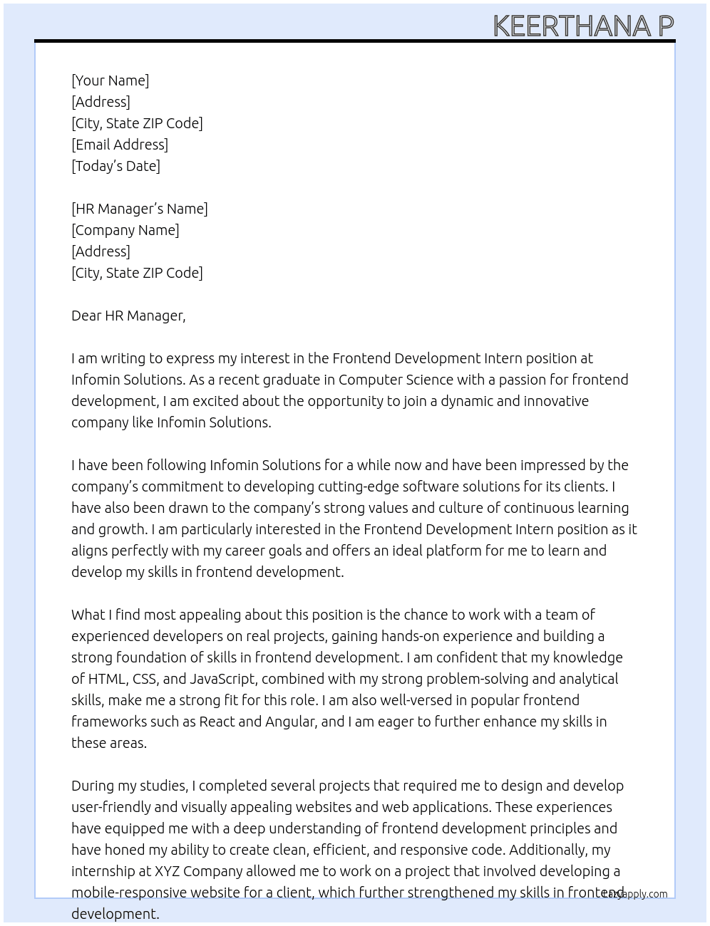 Frontend Development Intern At Infomin Solutions Cover Letter