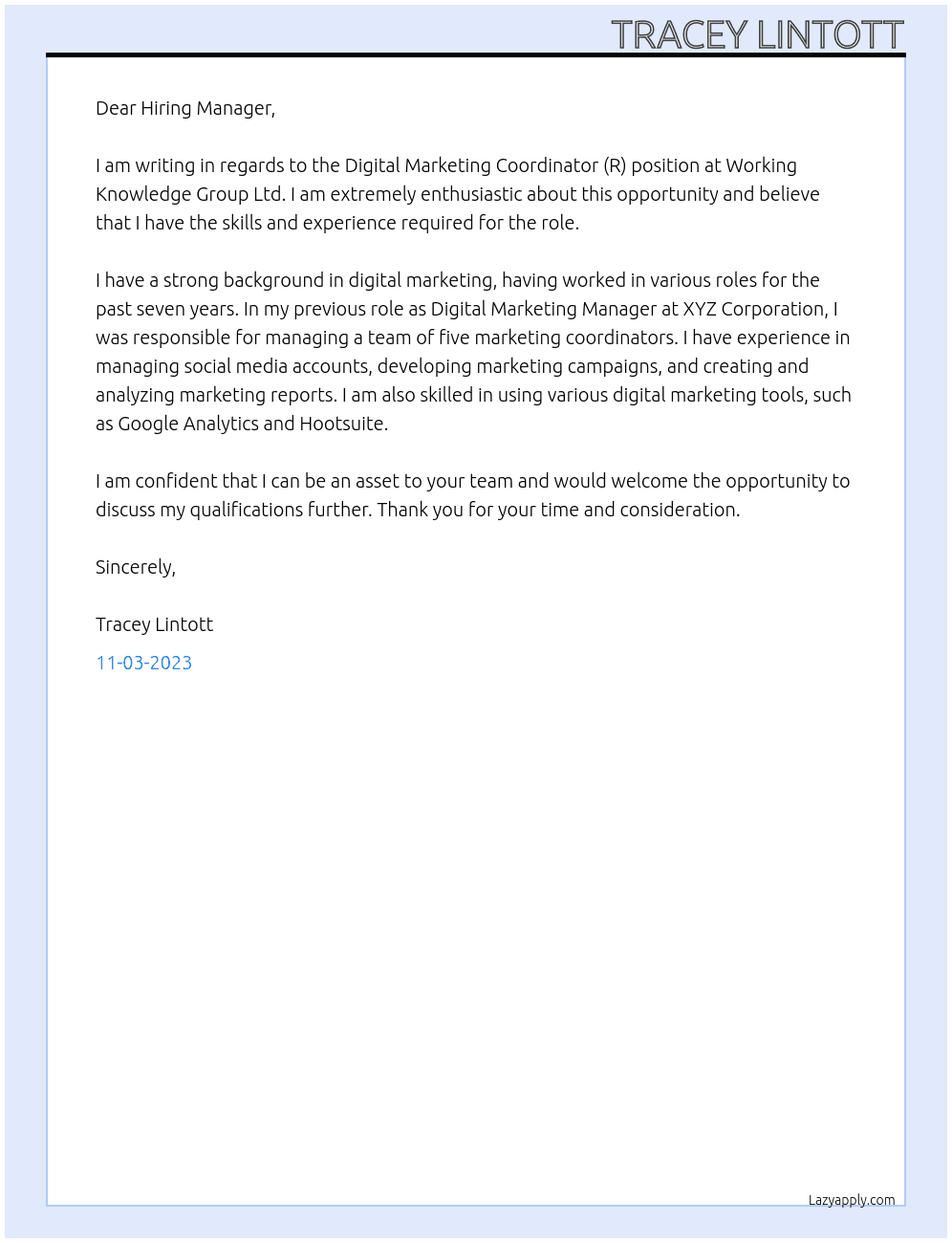 Digital Marketing Coordinator (R) At Working Knowledge Group Ltd Cover Letter