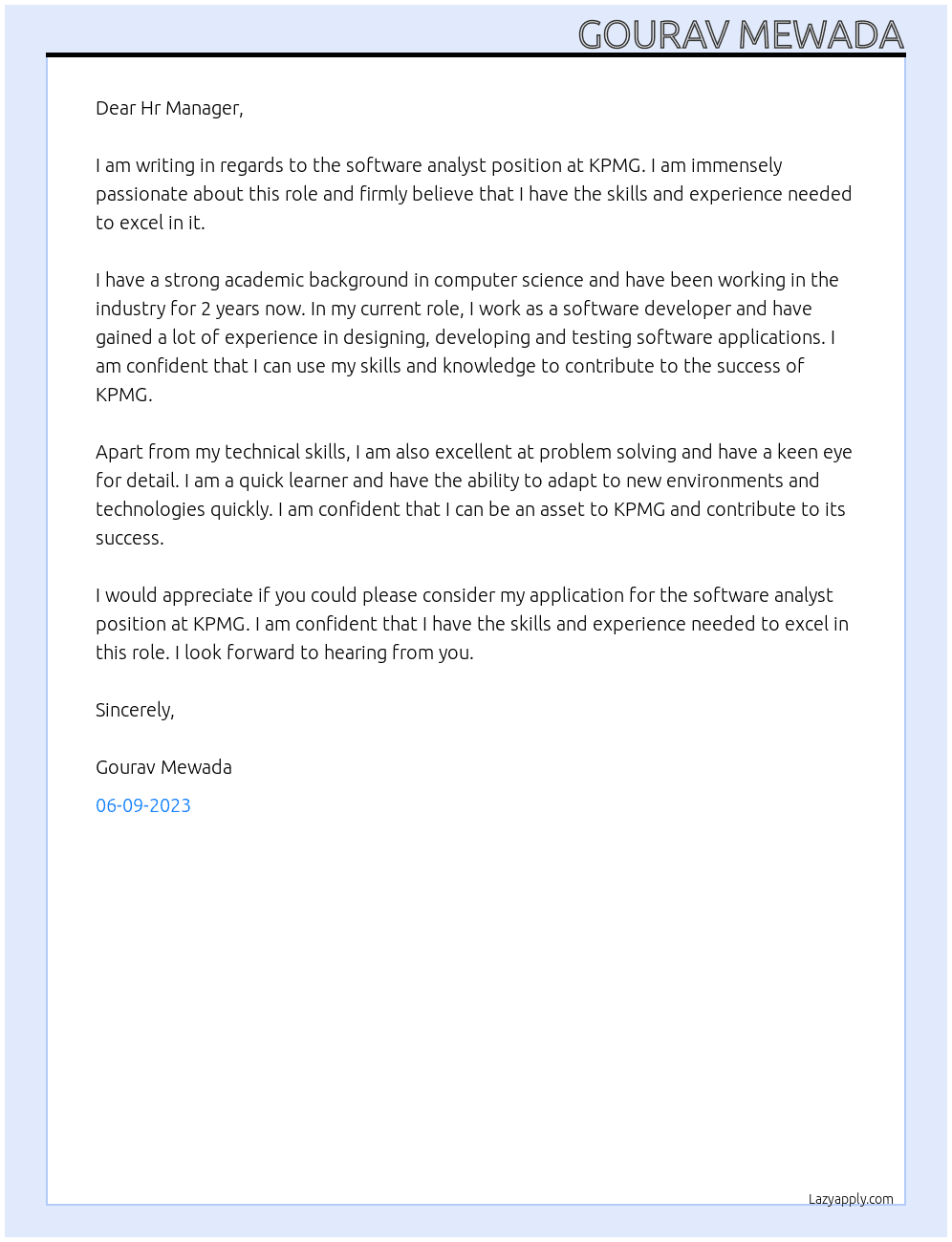 Software analyst At KPMG Cover Letter