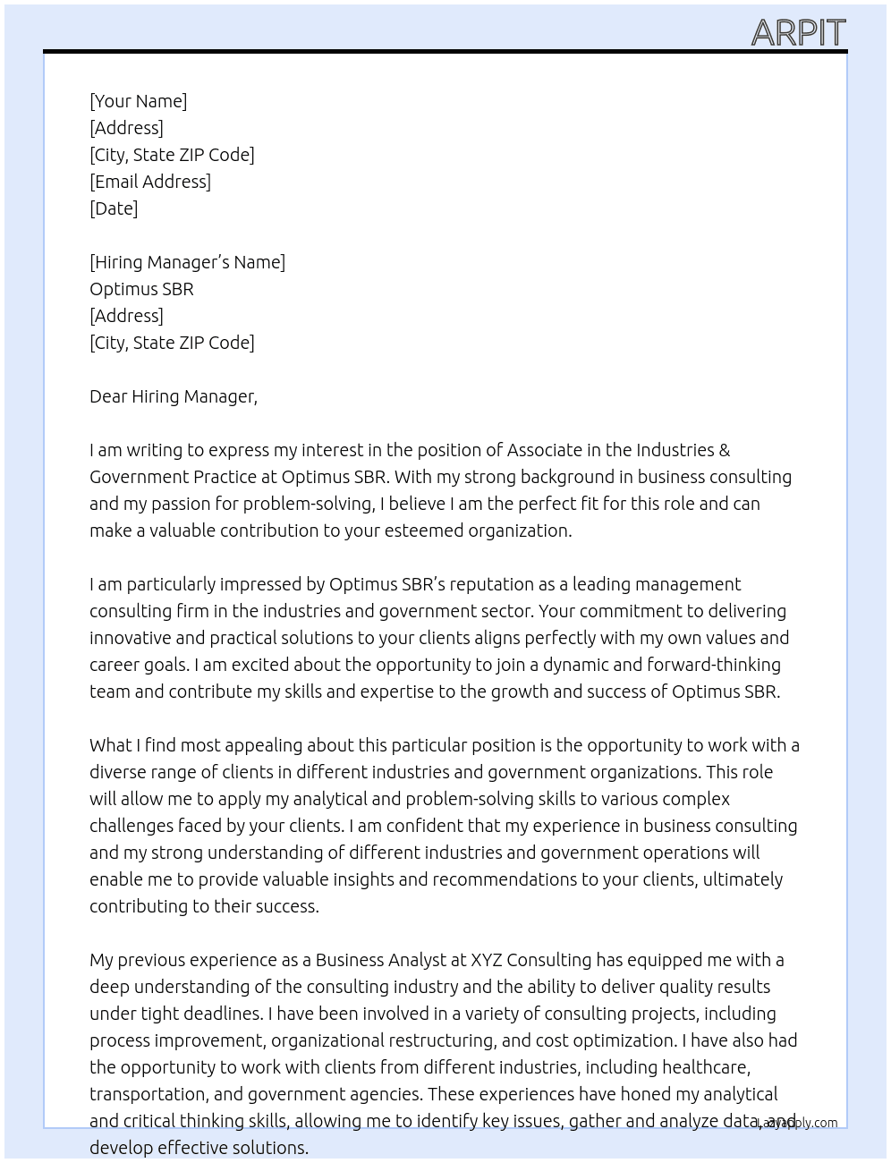 Associate, Industries & Government Practice At OPTIMUS SBR Cover Letter