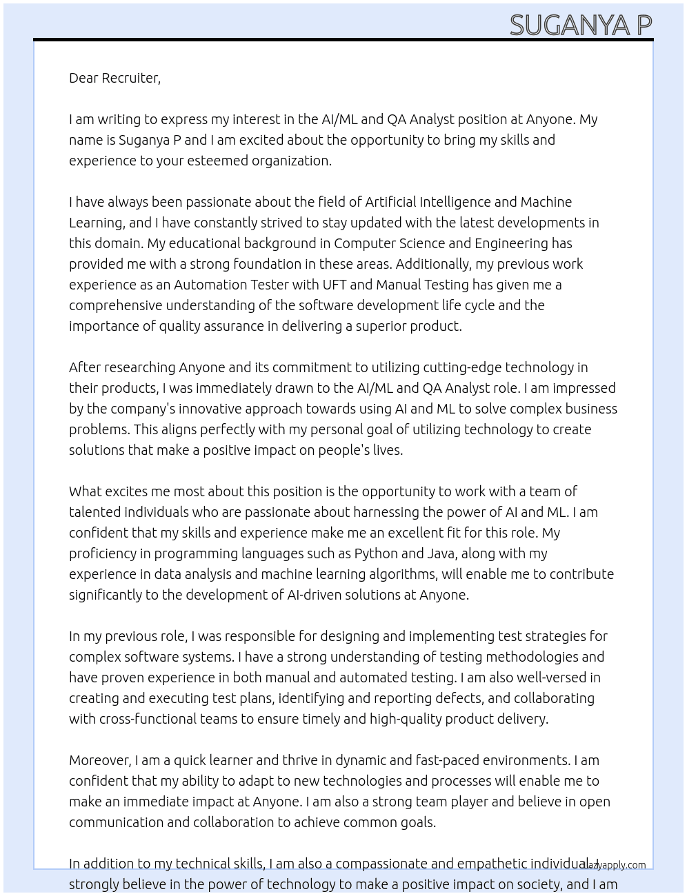AI/ML and QA Analyst At Anyone Cover Letter