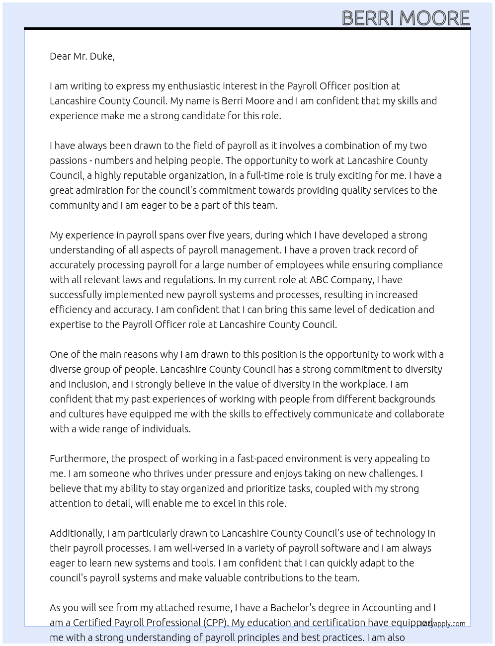 Payroll officer At Lancashire county council  Cover Letter