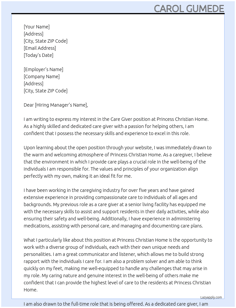 Care Giver  At Princess Christian Home  Cover Letter