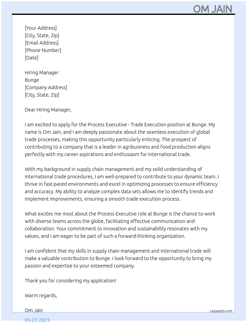 Process Executive - Trade execution At Bunge Cover Letter