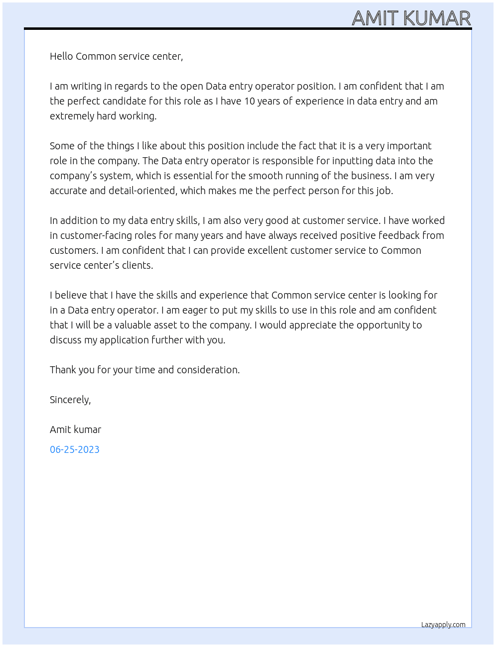 Data entry operator  At Common service center  Cover Letter