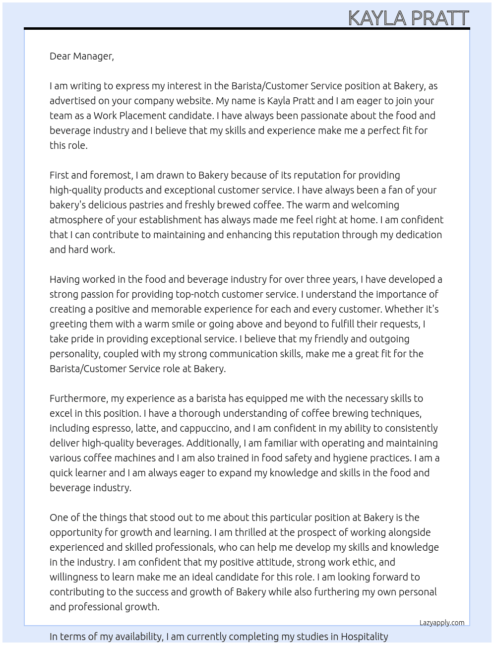 Barista/Customer Service At Bakery Cover Letter