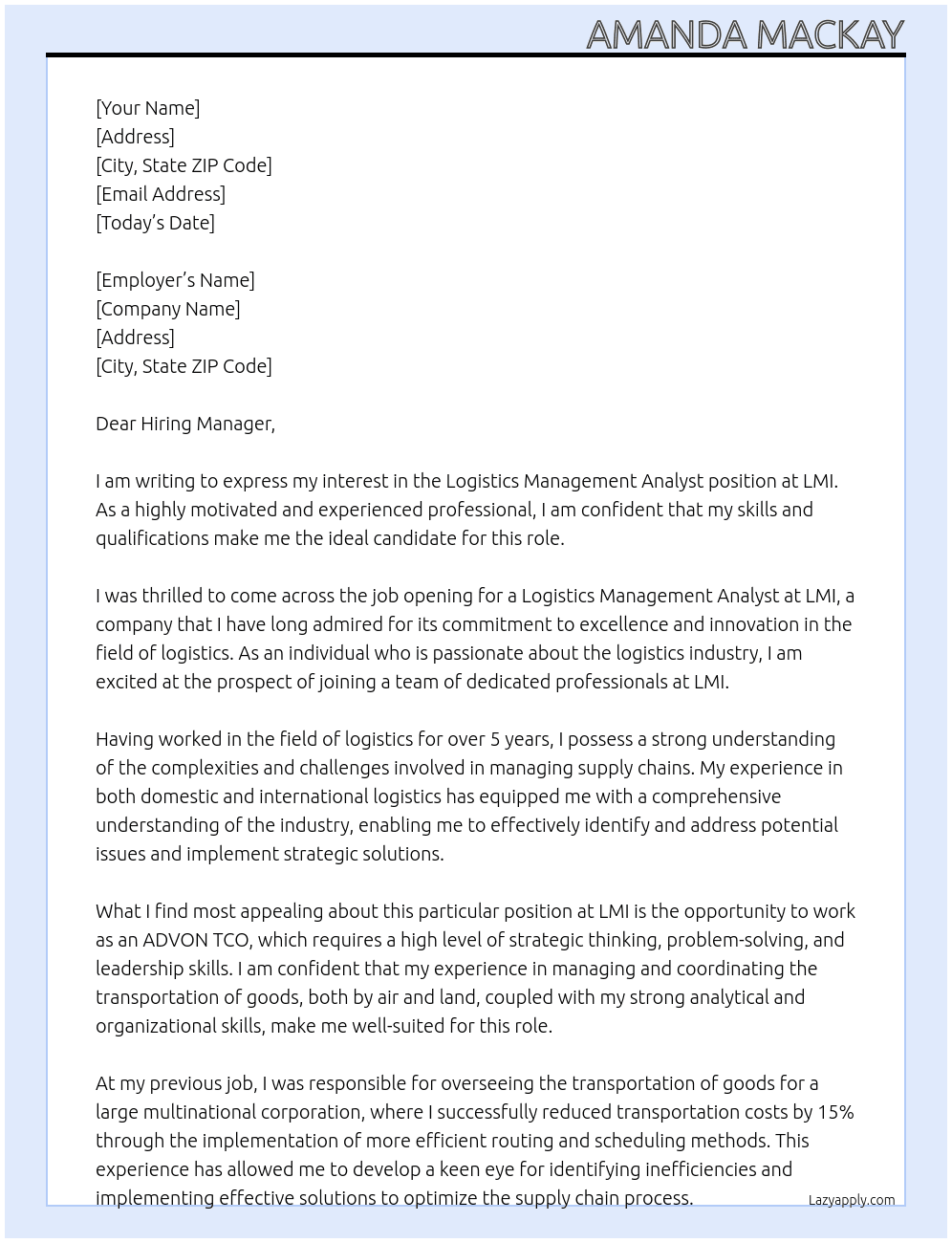 Logistics Management Analyst (ADVON TCO) At LMI Cover Letter