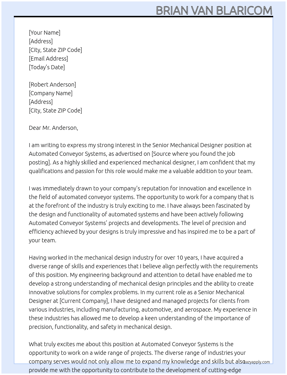 Senior Mechanical Designer At Automated Conveyor Systems Cover Letter