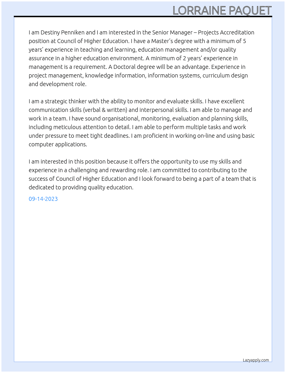 SENIOR MANAGER – PROJECTS ACCREDITATION At Council of Higher Education Cover Letter