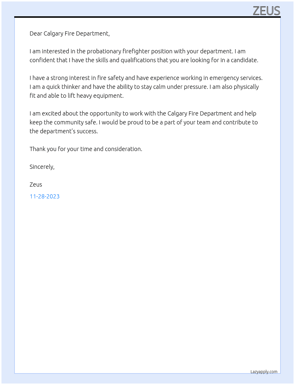 Prpbationary firefighter At Calgary Fire Department Cover Letter