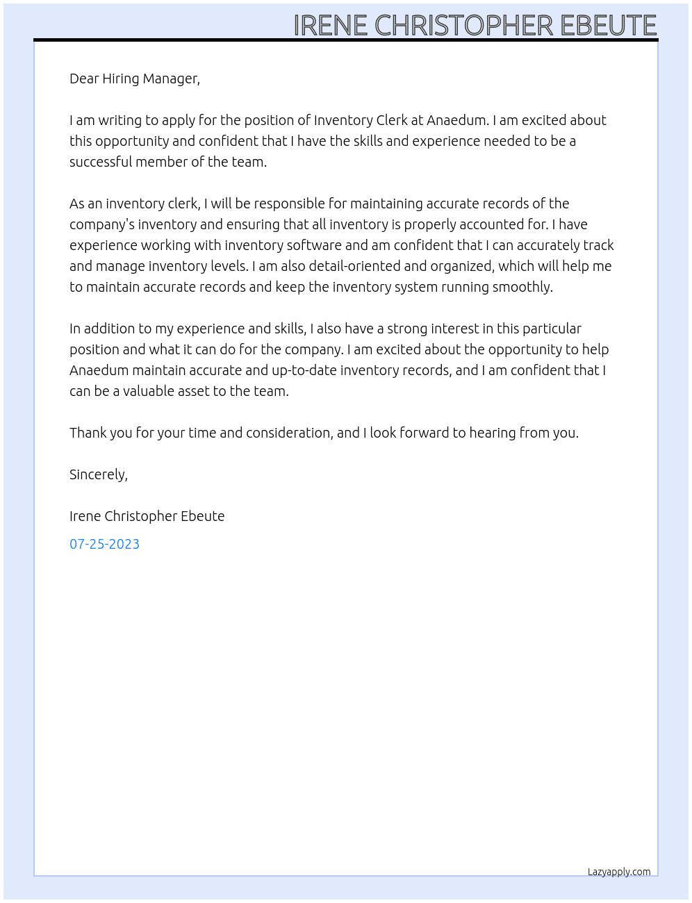 Inventory Clerk At Anaedum Cover Letter