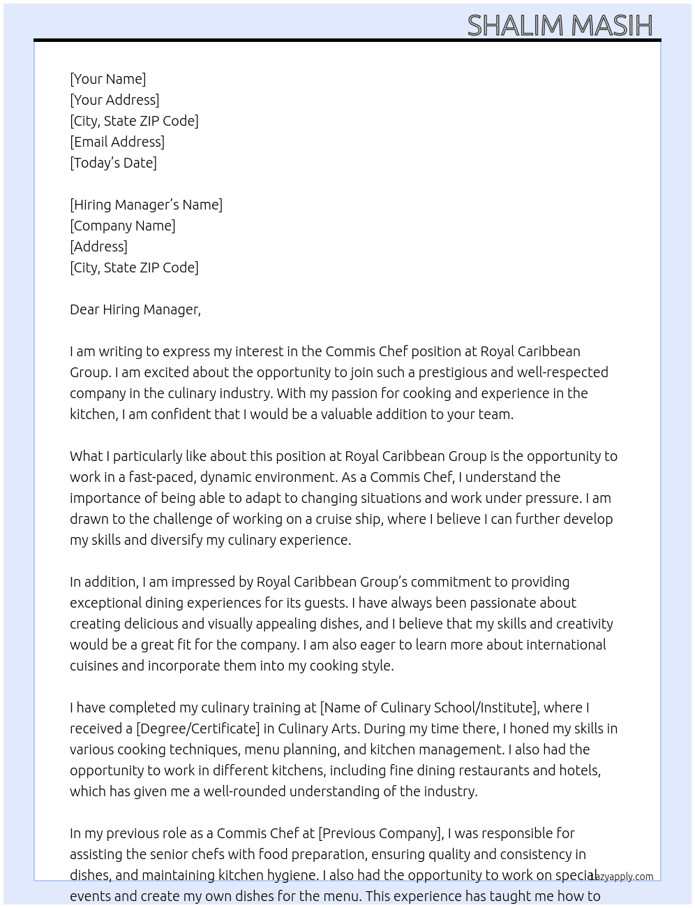 Commis chef At Royal Caribbean group  Cover Letter