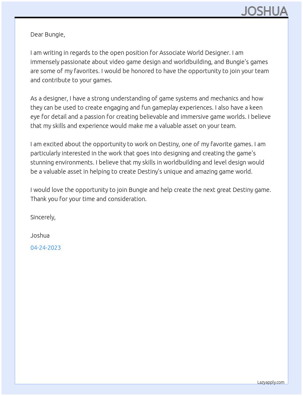 Associate World Designer At Bungie Cover Letter