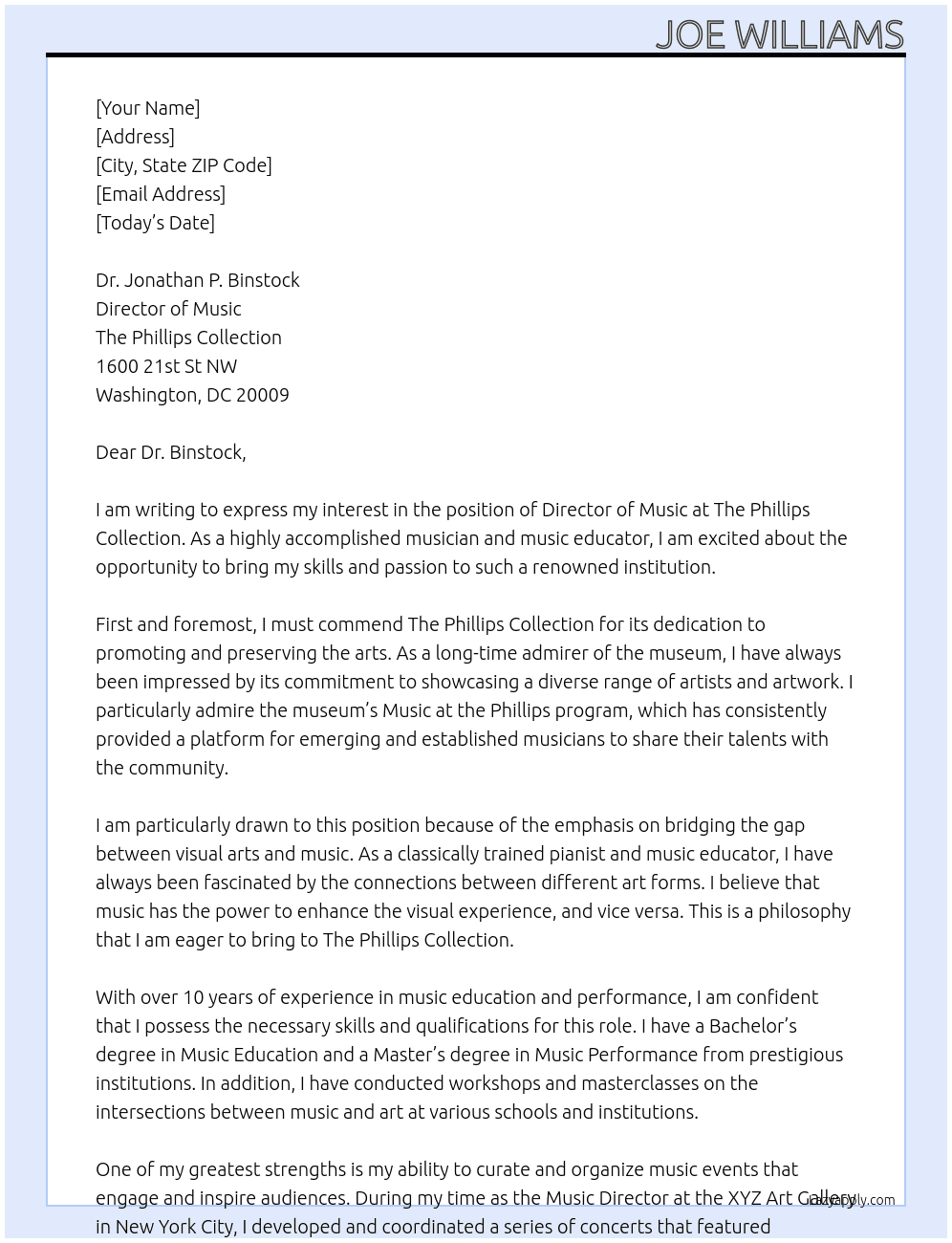 Director of Music At The Phillips Collection Cover Letter