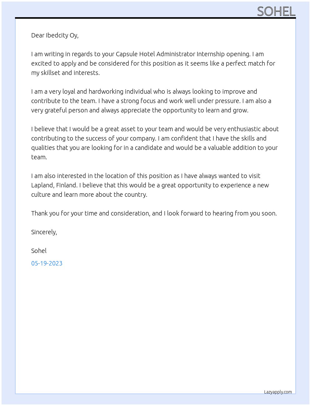 Capsule Hotel Administrator Internship At Ibedcity Oy Cover Letter