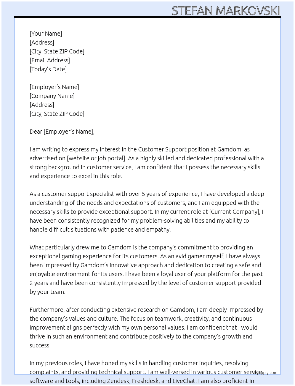 Customer Support At Gamdom Cover Letter
