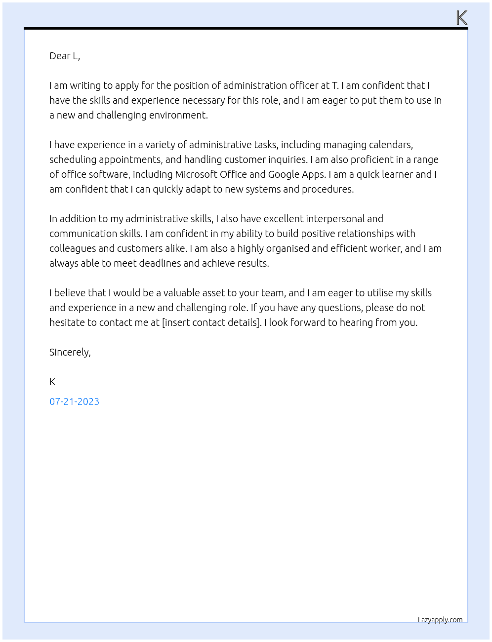 administration officer At T Cover Letter