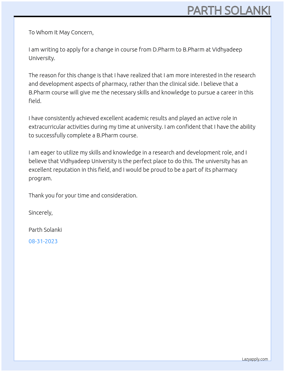 Pharmacy Studant At Vidhyadeep University Cover Letter