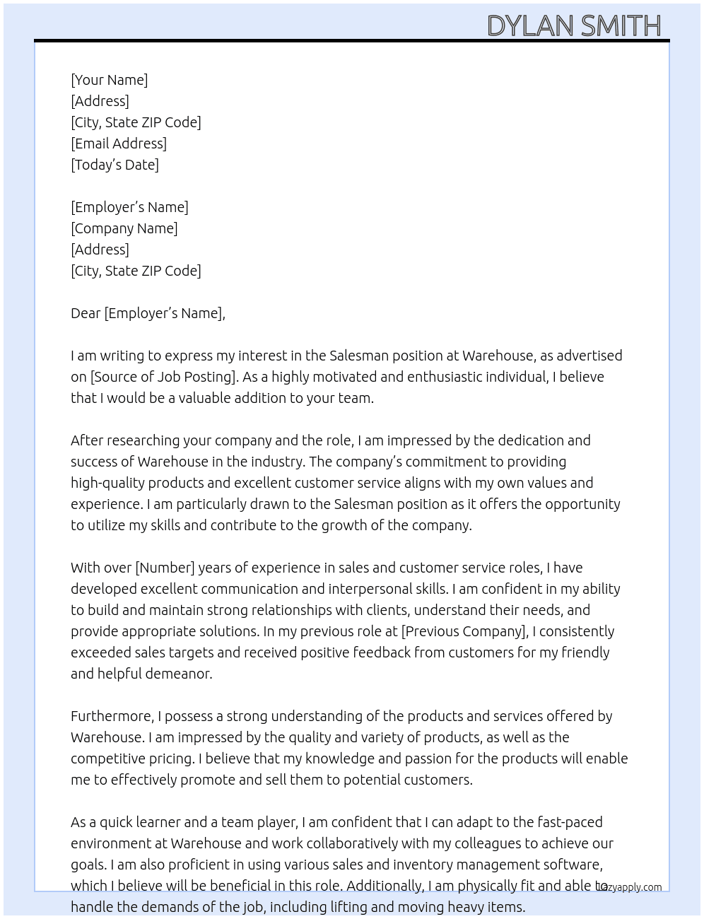 Salesman At Warehouse Cover Letter