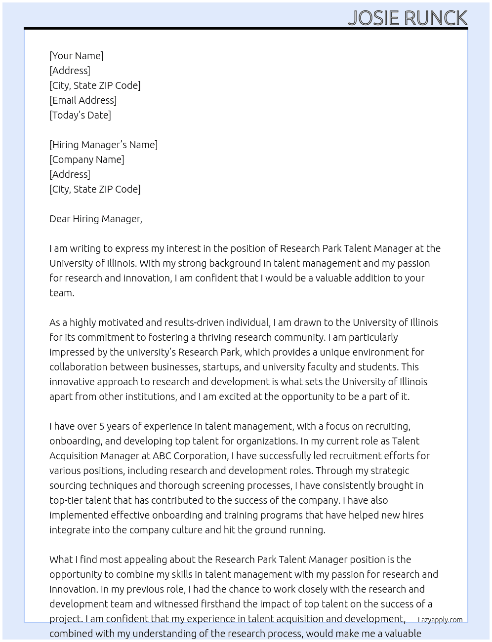 RESEARCH PARK TALENT MANAGER At University of Illinois Cover Letter