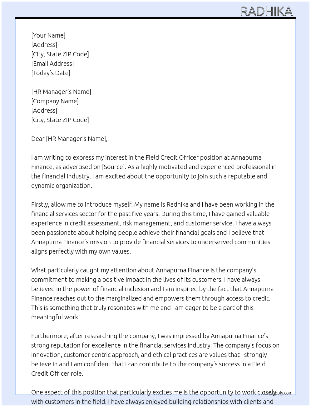 Field credit officer  At Annapurna finance  Cover Letter