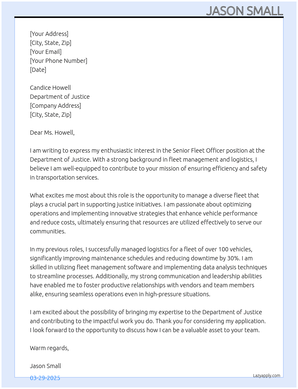 Cover letter for senior fleet officer - LazyApply