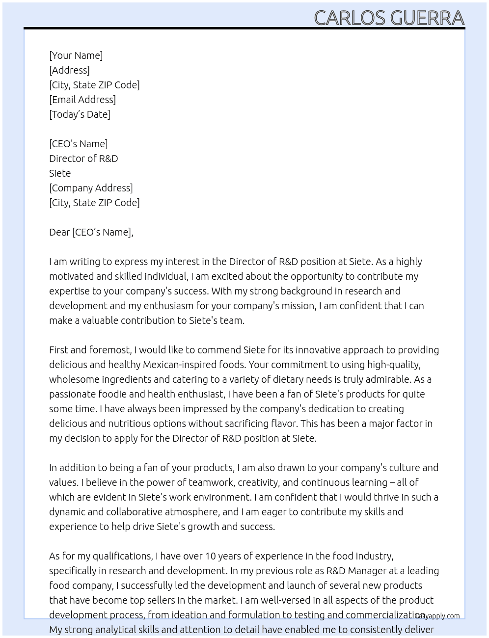 Director of R&D At Siete Cover Letter