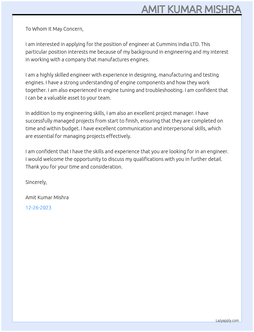 Engineer At Cummins India LTD Cover Letter
