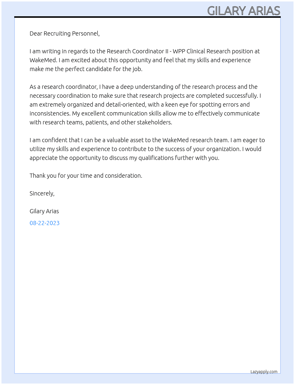 Research Coordinator II - WPP Clinical Research At WakeMed Cover Letter