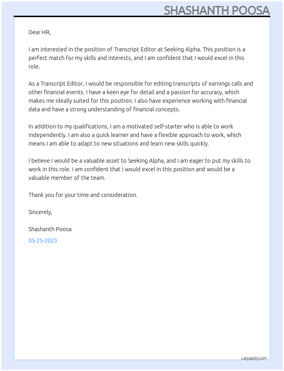 Transcript Editor  At Seeking Alpha  Cover Letter