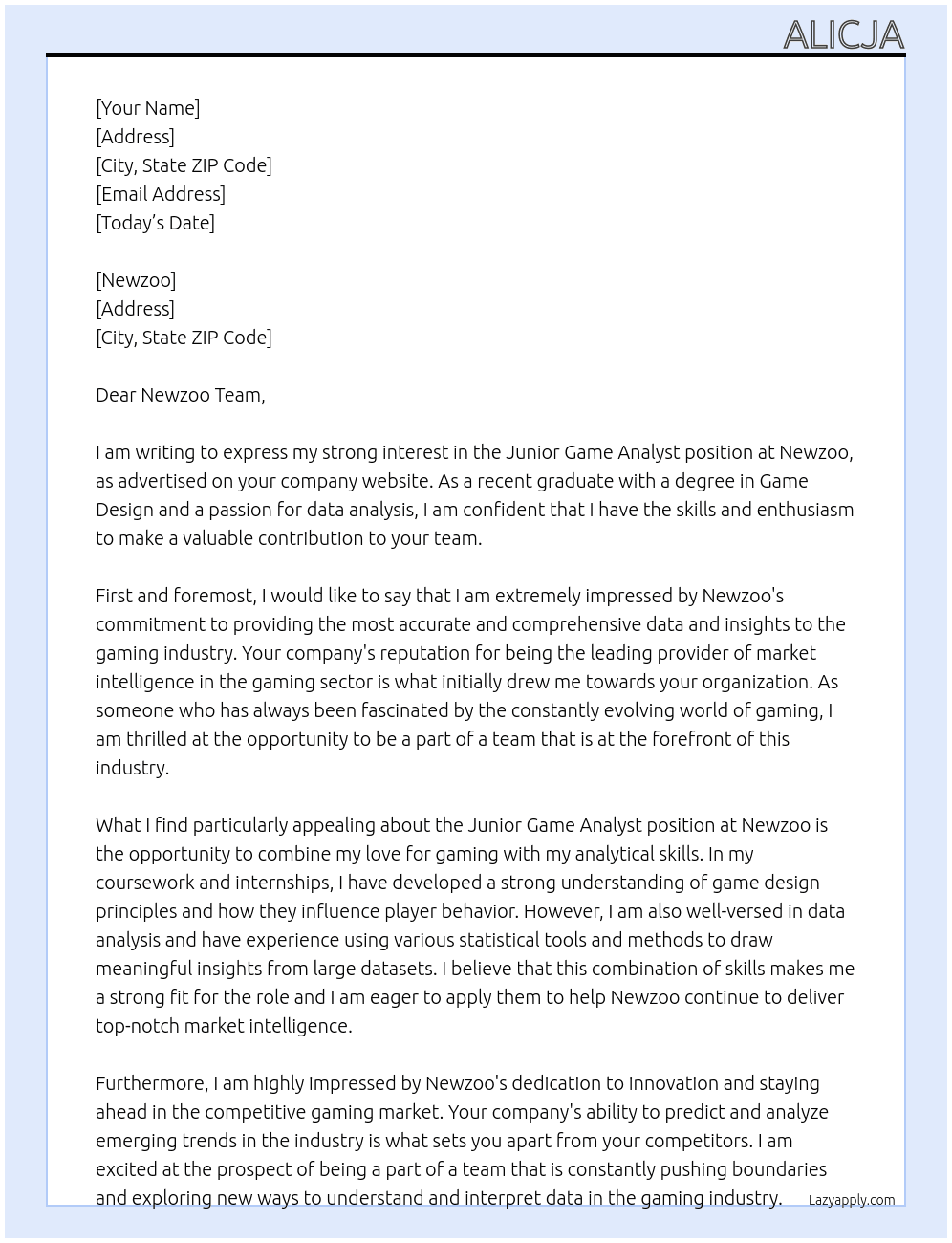 Junior Game Analyst At Newzoo Cover Letter