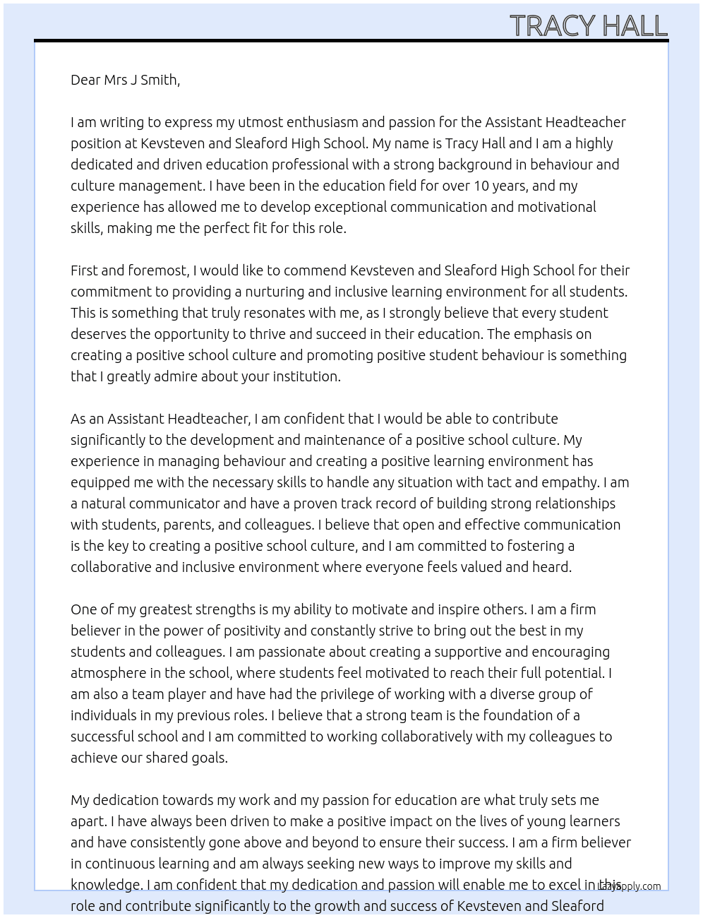 Assistant Headteacher At Kevsteven and Sleaford High School Cover Letter