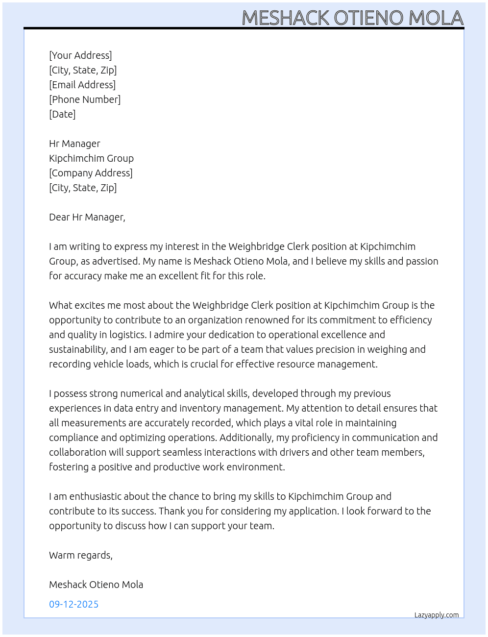 Weighbridge Clerk At Kipchimchim Group  Cover Letter
