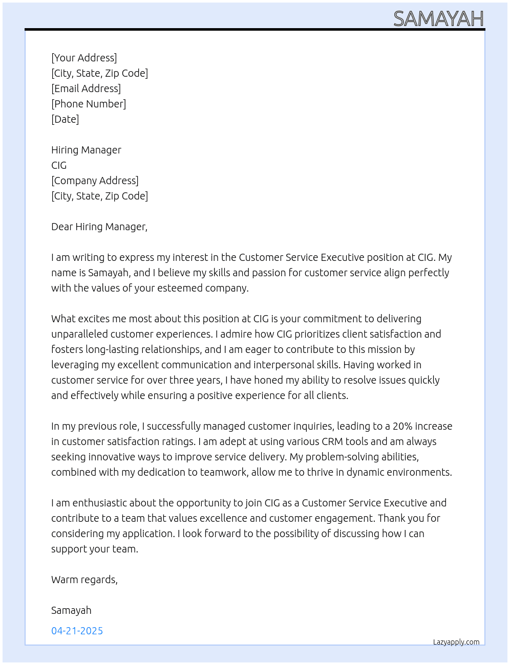 Customer service executive  At CIG Cover Letter